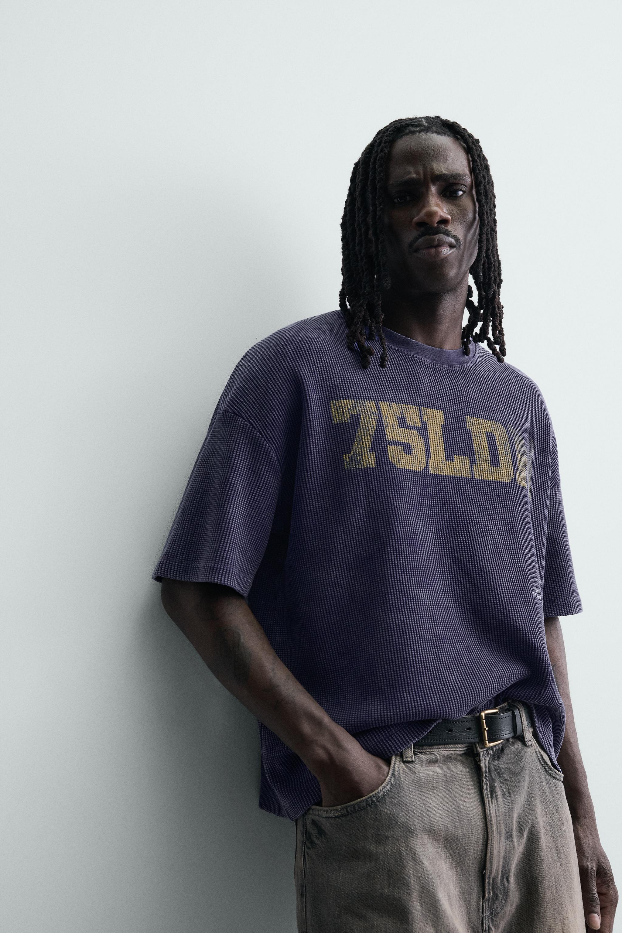 WASHED PRINTED WAFFLE WEAVE SWEATSHIRT